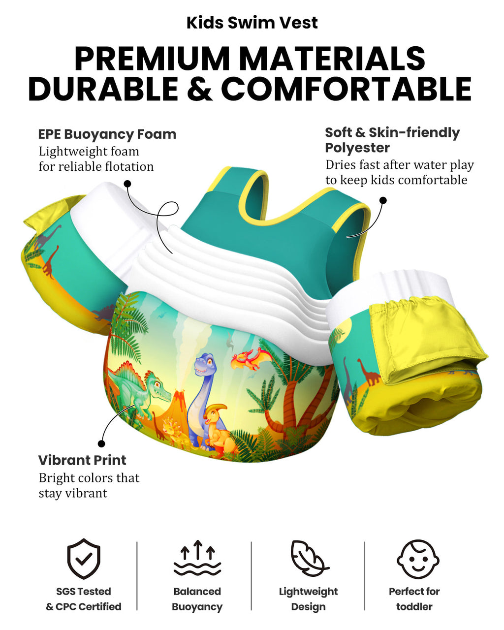 AEOCOO Toddler Swim Vest – Kids Pool Float with Arm Floaties for Ages 1-7 Years, 20-70 lbs