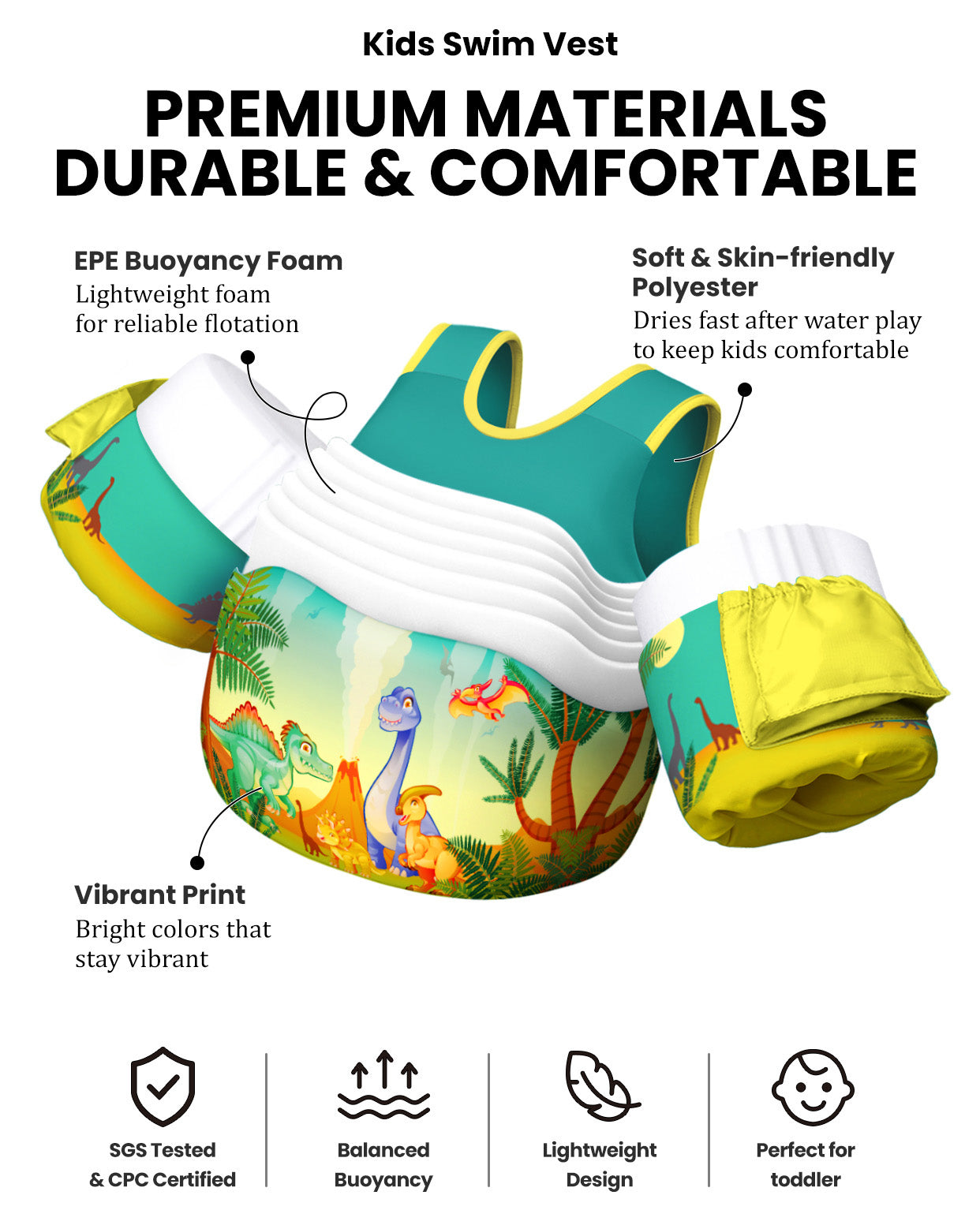 AEOCOO Toddler Swim Vest – Kids Pool Float with Arm Floaties for Ages 1-7 Years, 20-70 lbs
