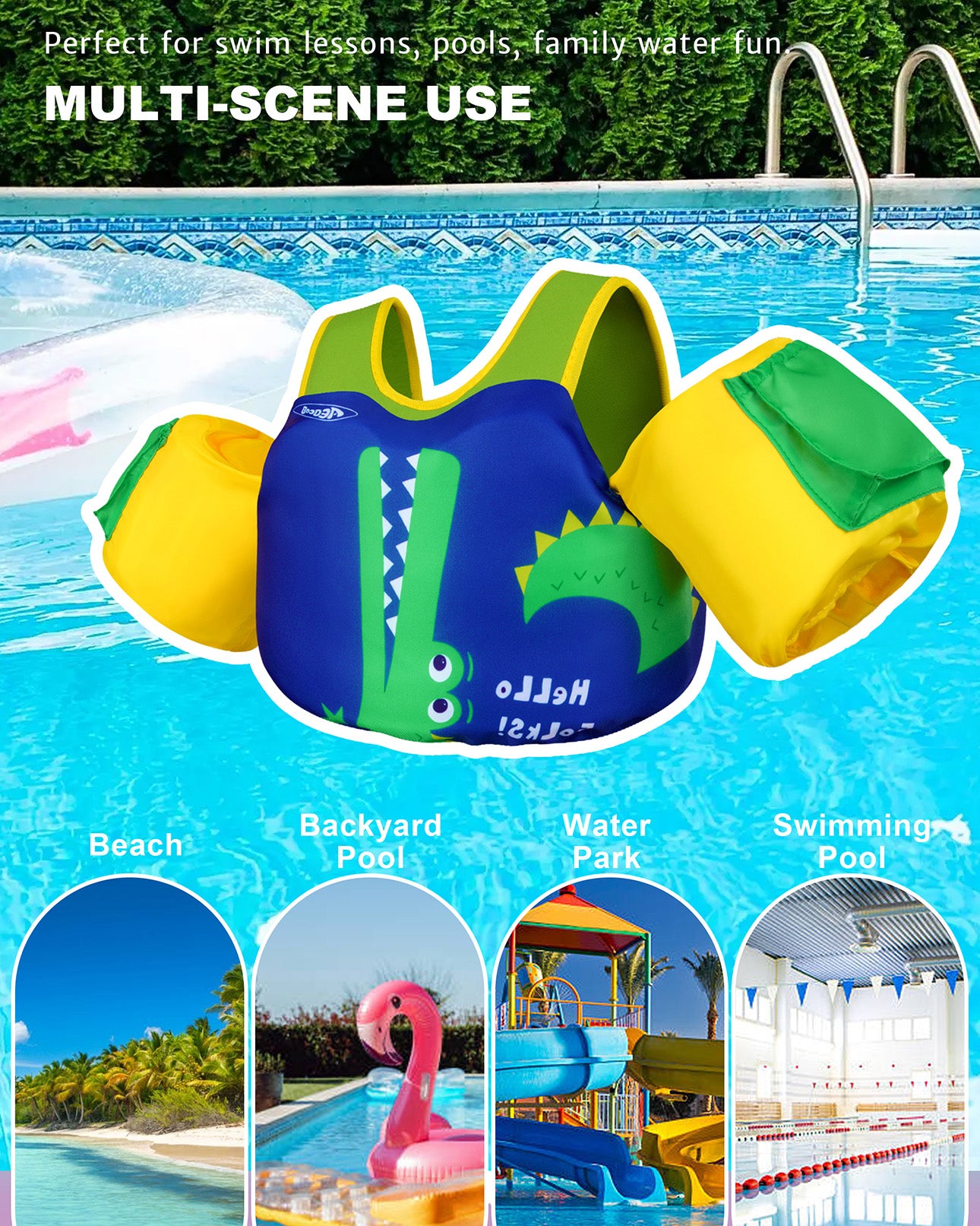 AEOCOO Toddler Swim Vest – Puddle Float Jumper with Arm Floaties for Kids 1-7 Years, 20-70 lbs(Crocodile)