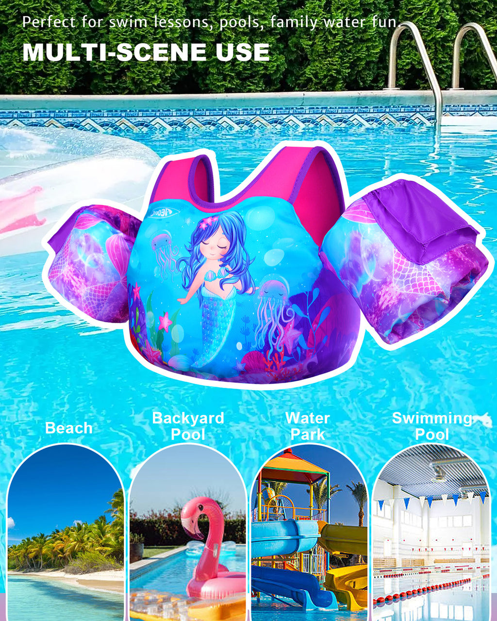 AEOCOO Toddler Swim Vest – Puddle Float Jumper with Arm Floaties for Kids 1-7 Years, 20-70 lbs (Mermaid)