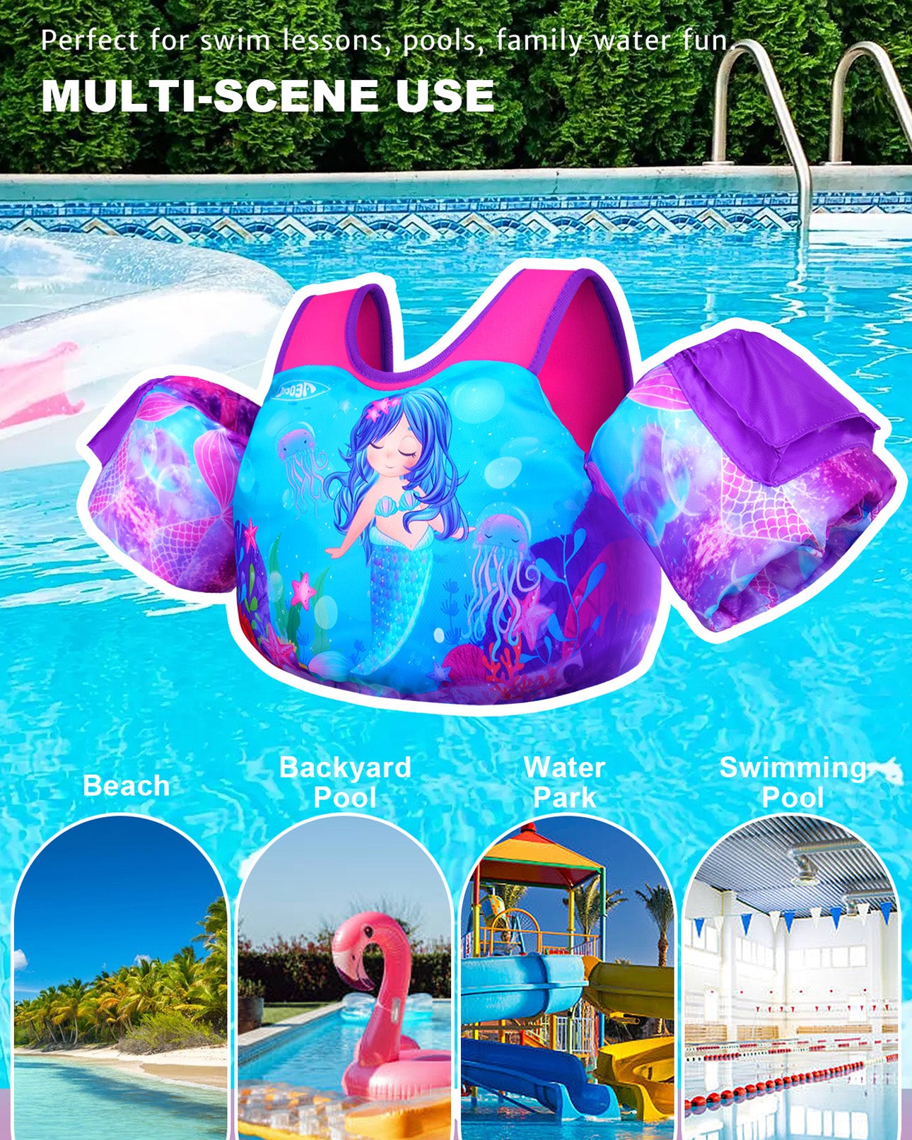 AEOCOO Toddler Swim Vest – Puddle Float Jumper with Arm Floaties for Kids 1-7 Years, 20-70 lbs (Mermaid)