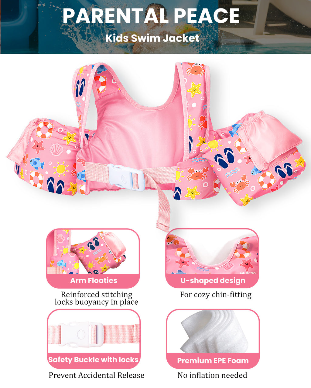 AEOCOO Toddler Swim Vest – Kids Pool Float with Arm Floaties for Ages 1-7 Years, 20-70 lbs (Color 6)