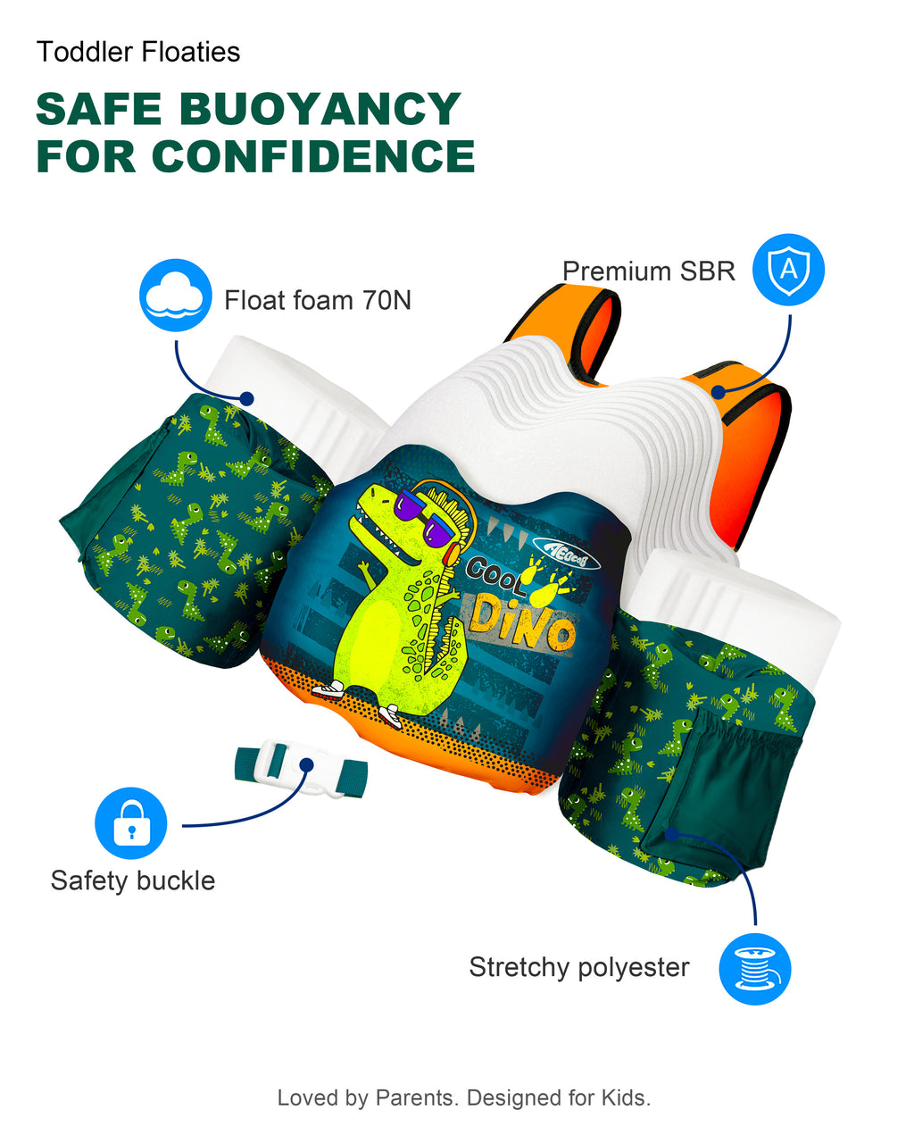 AEOCOO Toddler Swim Vest – Puddle Float Jumper with Arm Floaties for Kids 1-7 Years, 20-70 lbs (Cool-Dino)