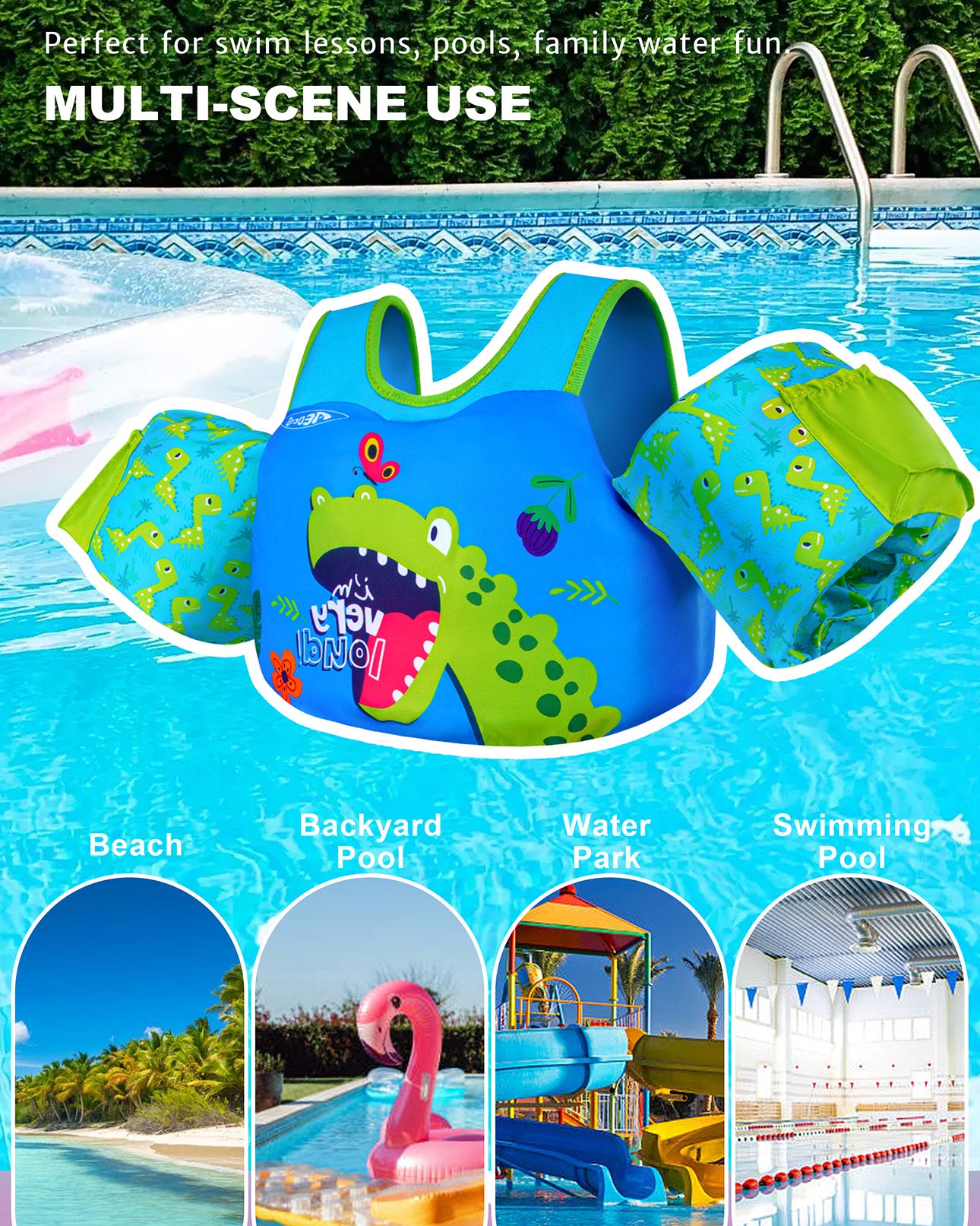 AEOCOO Toddler Swim Vest – Puddle Float Jumper with Arm Floaties for Kids 1-7 Years, 20-70 lbs (dinosaur)