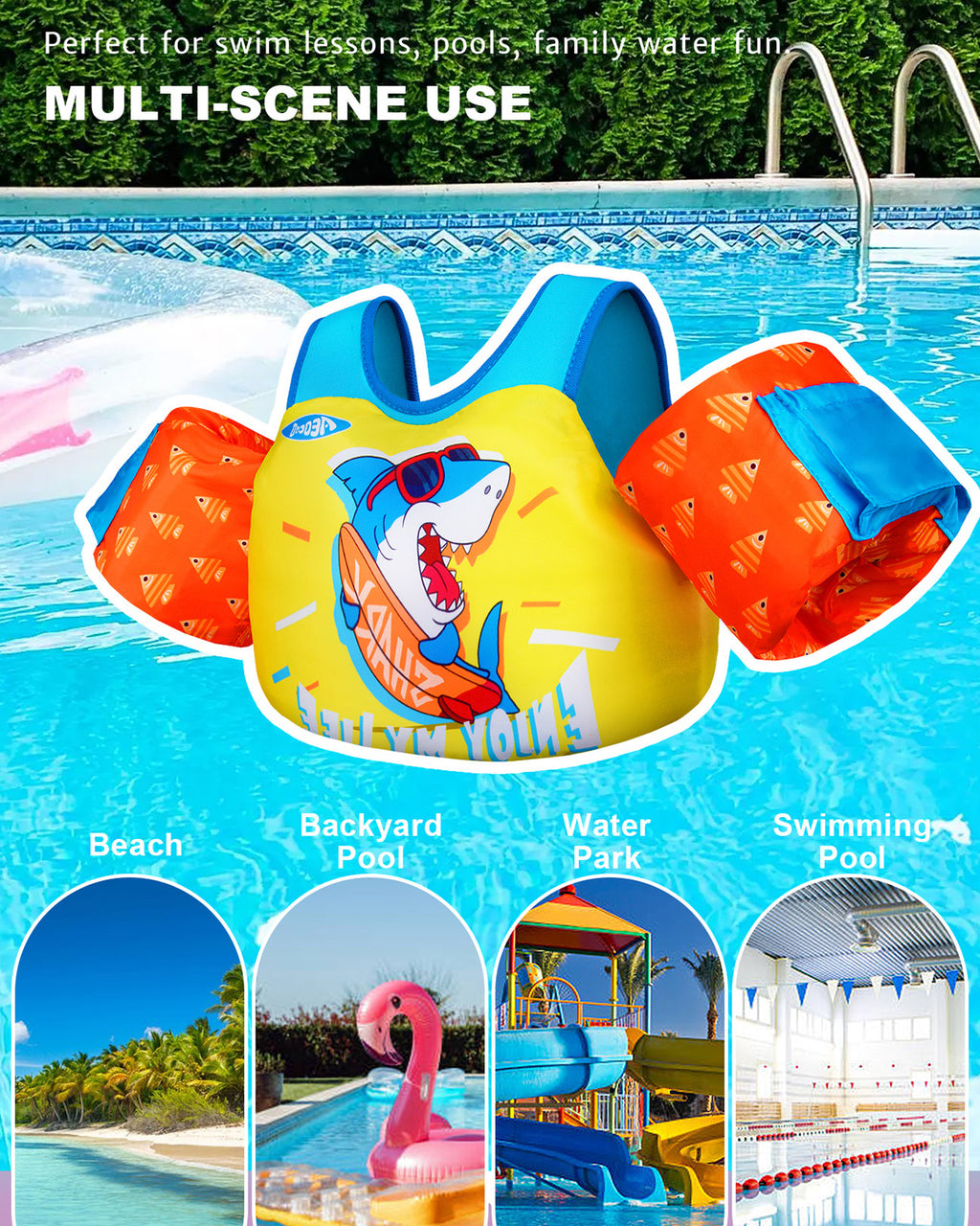 AEOCOO Toddler Swim Vest – Puddle Float Jumper with Arm Floaties for Kids 1-7 Years, 20-70 lbs (Shark)