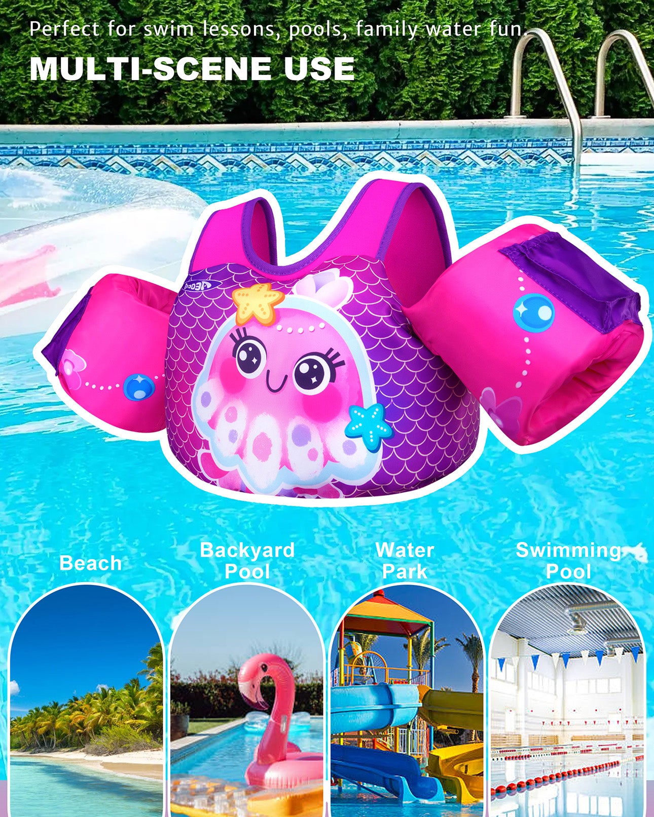 AEOCOO Toddler Swim Vest – Puddle Float Jumper with Arm Floaties for Kids 1-7 Years, 20-70 lbs (Seajelly)