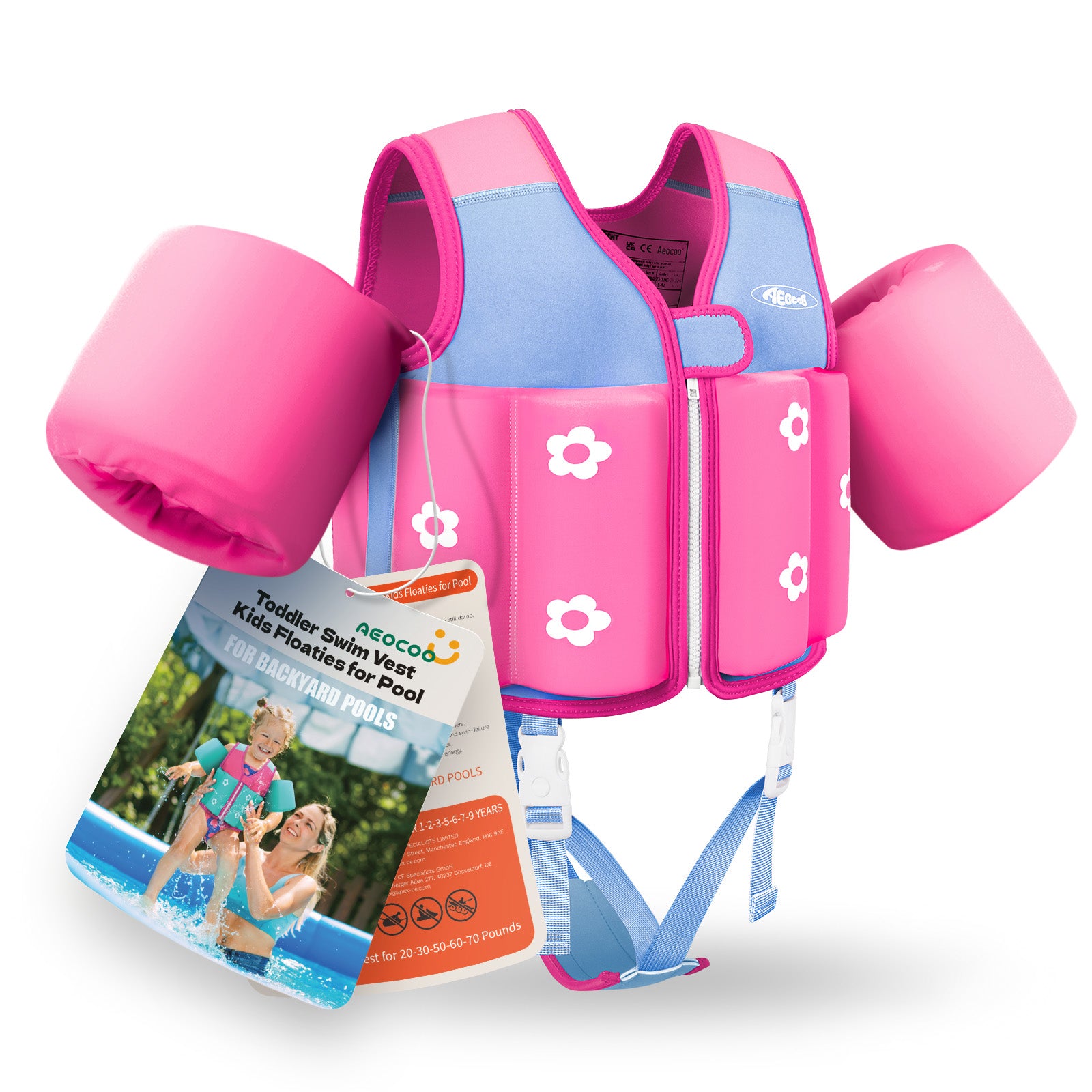 AEOCOO Kids Toddler Swim Vest – Pool Float Jacket with Crotch Strap for Ages 1-9 Years, 20-70 lbs (Rose)