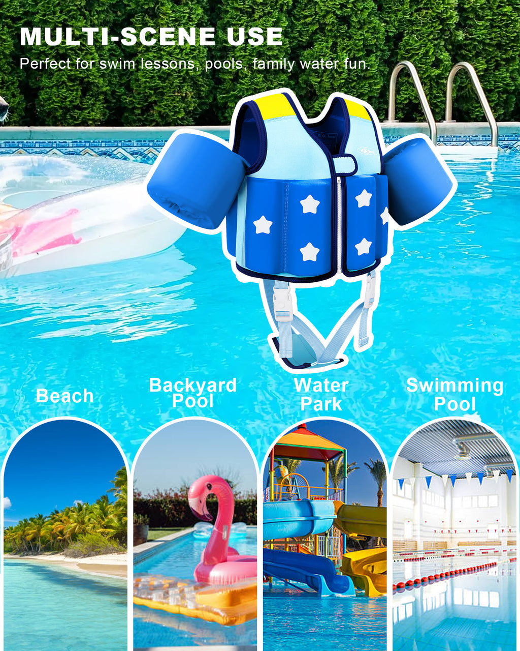 AEOCOO Kids Toddler Swim Vest – Pool Float Jacket with Crotch Strap for Ages 1-9 Years, 20-70 lbs (Sky)