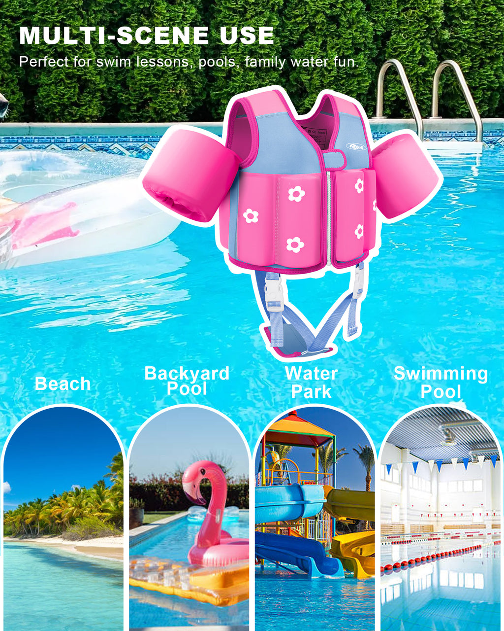 AEOCOO Kids Toddler Swim Vest – Pool Float Jacket with Crotch Strap for Ages 1-9 Years, 20-70 lbs (Rose)