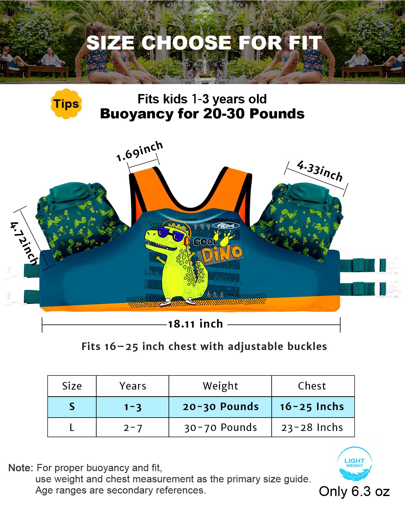 AEOCOO Toddler Swim Vest – Puddle Float Jumper with Arm Floaties for Kids 1-7 Years, 20-70 lbs (Cool-Dino)