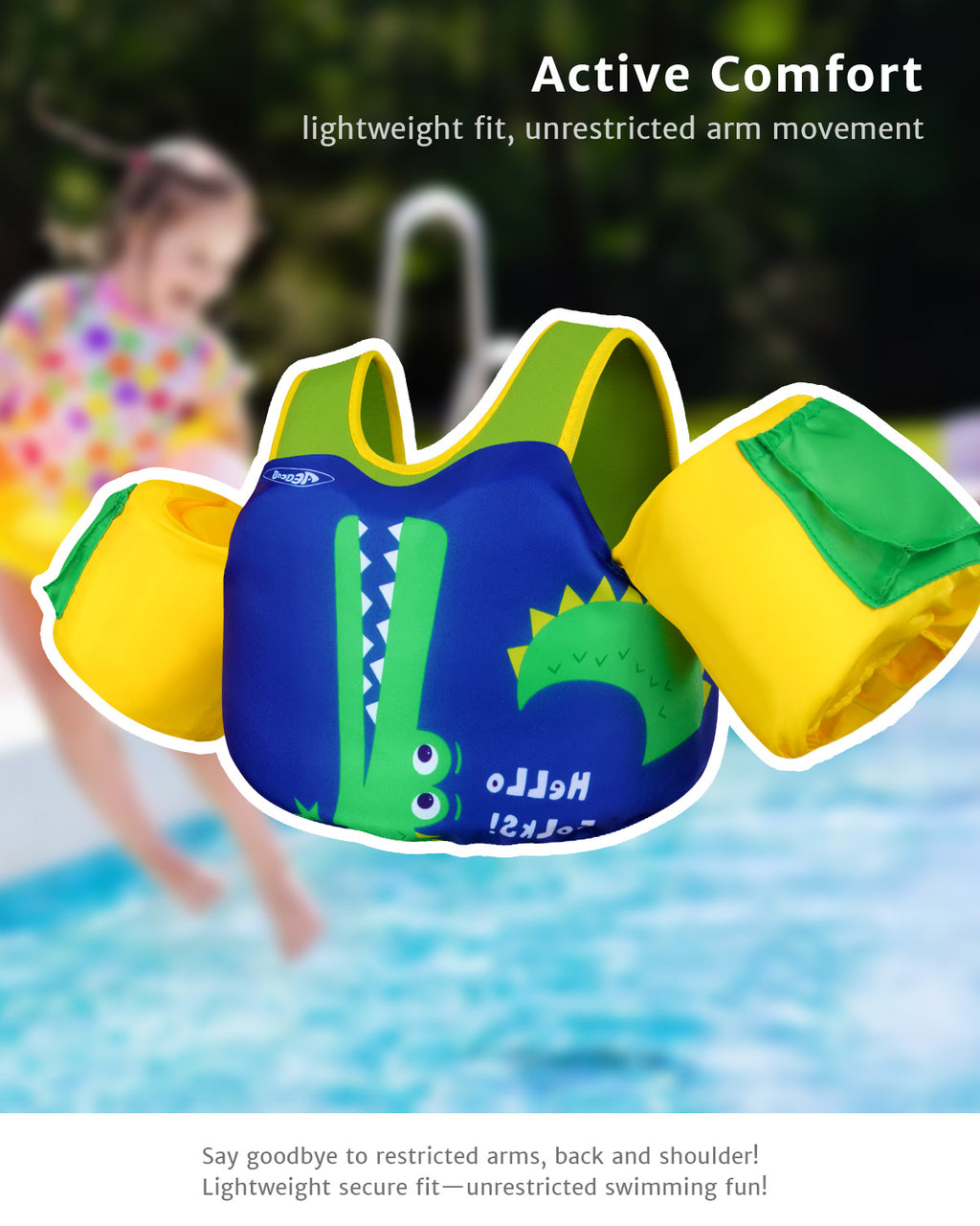 AEOCOO Toddler Swim Vest – Puddle Float Jumper with Arm Floaties for Kids 1-7 Years, 20-70 lbs(Crocodile)