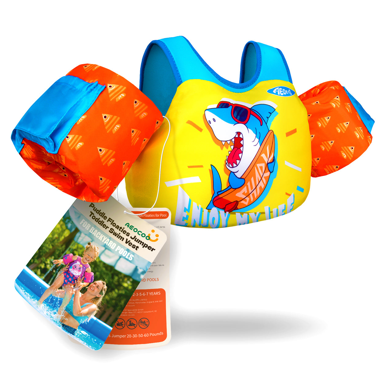 AEOCOO Toddler Swim Vest – Puddle Float Jumper with Arm Floaties for Kids 1-7 Years, 20-70 lbs (Shark)