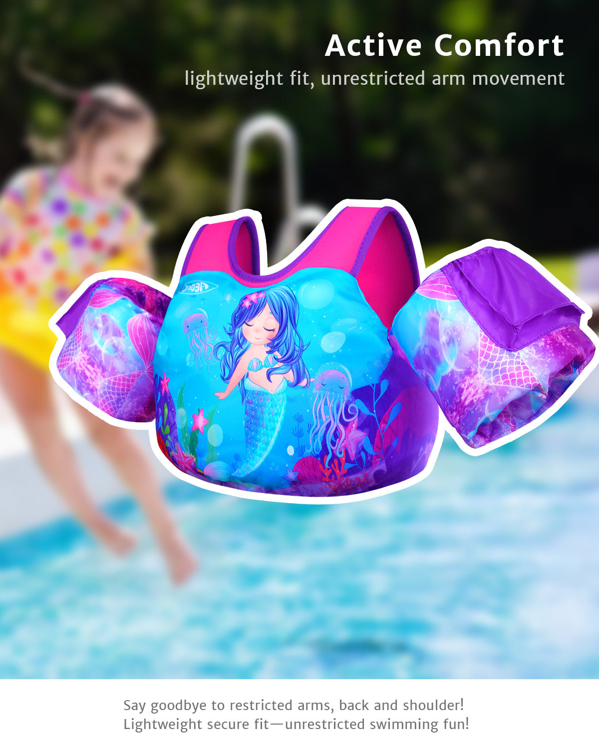 AEOCOO Toddler Swim Vest – Puddle Float Jumper with Arm Floaties for Kids 1-7 Years, 20-70 lbs (Mermaid)