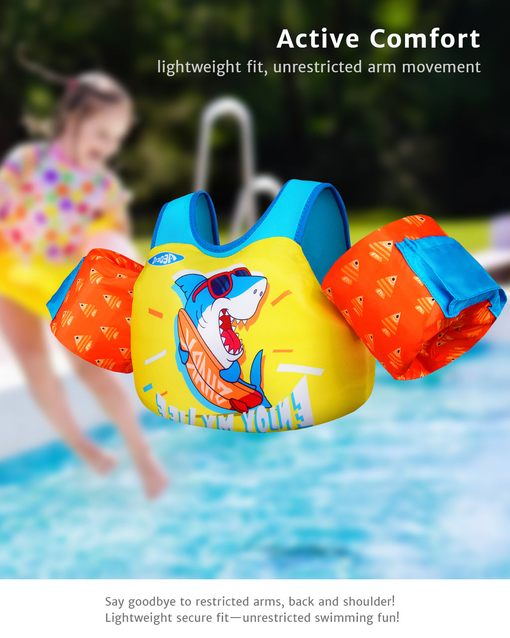 AEOCOO Toddler Swim Vest – Puddle Float Jumper with Arm Floaties for Kids 1-7 Years, 20-70 lbs (Shark)