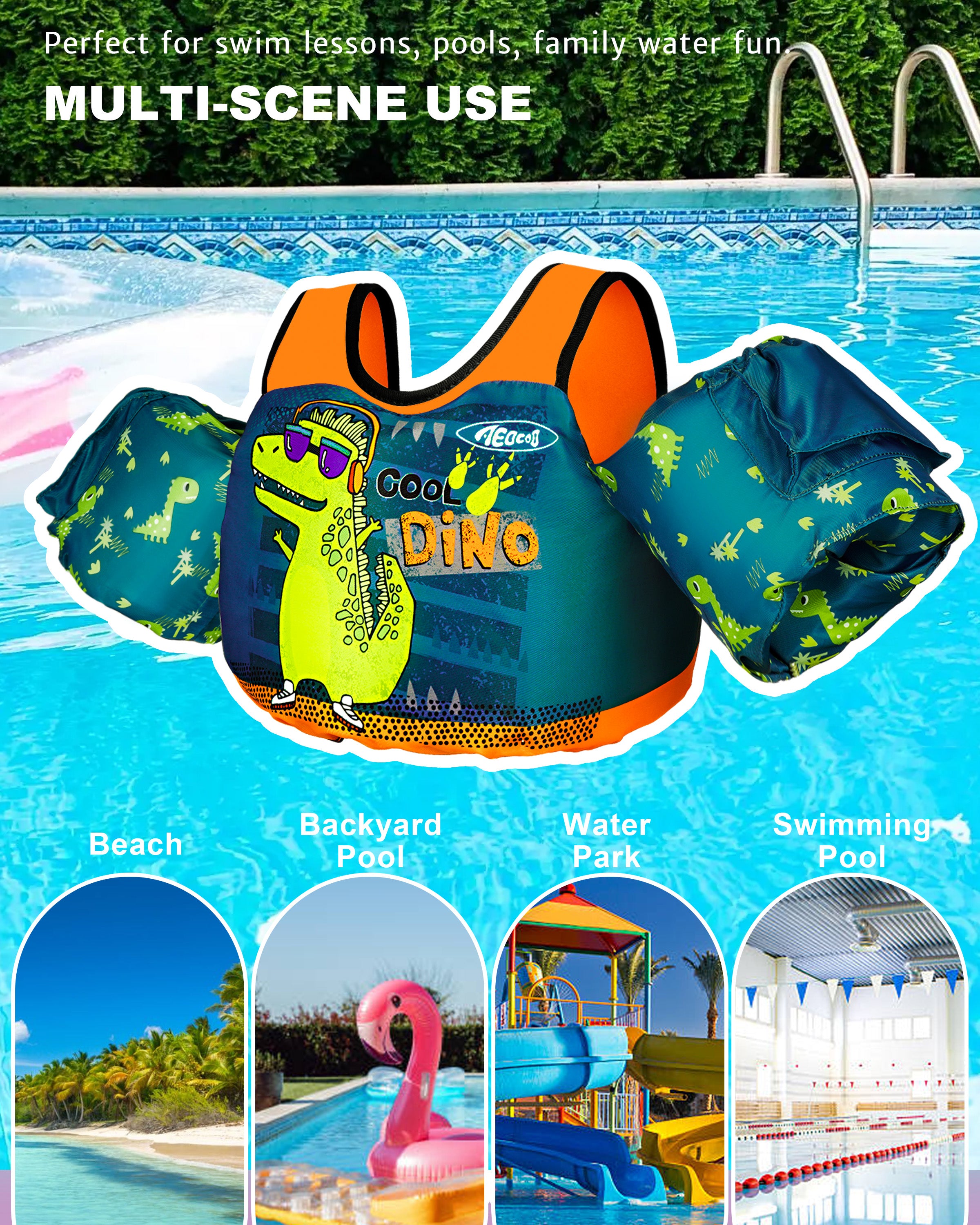 AEOCOO Toddler Swim Vest – Puddle Float Jumper with Arm Floaties for Kids 1-7 Years, 20-70 lbs (Cool-Dino)