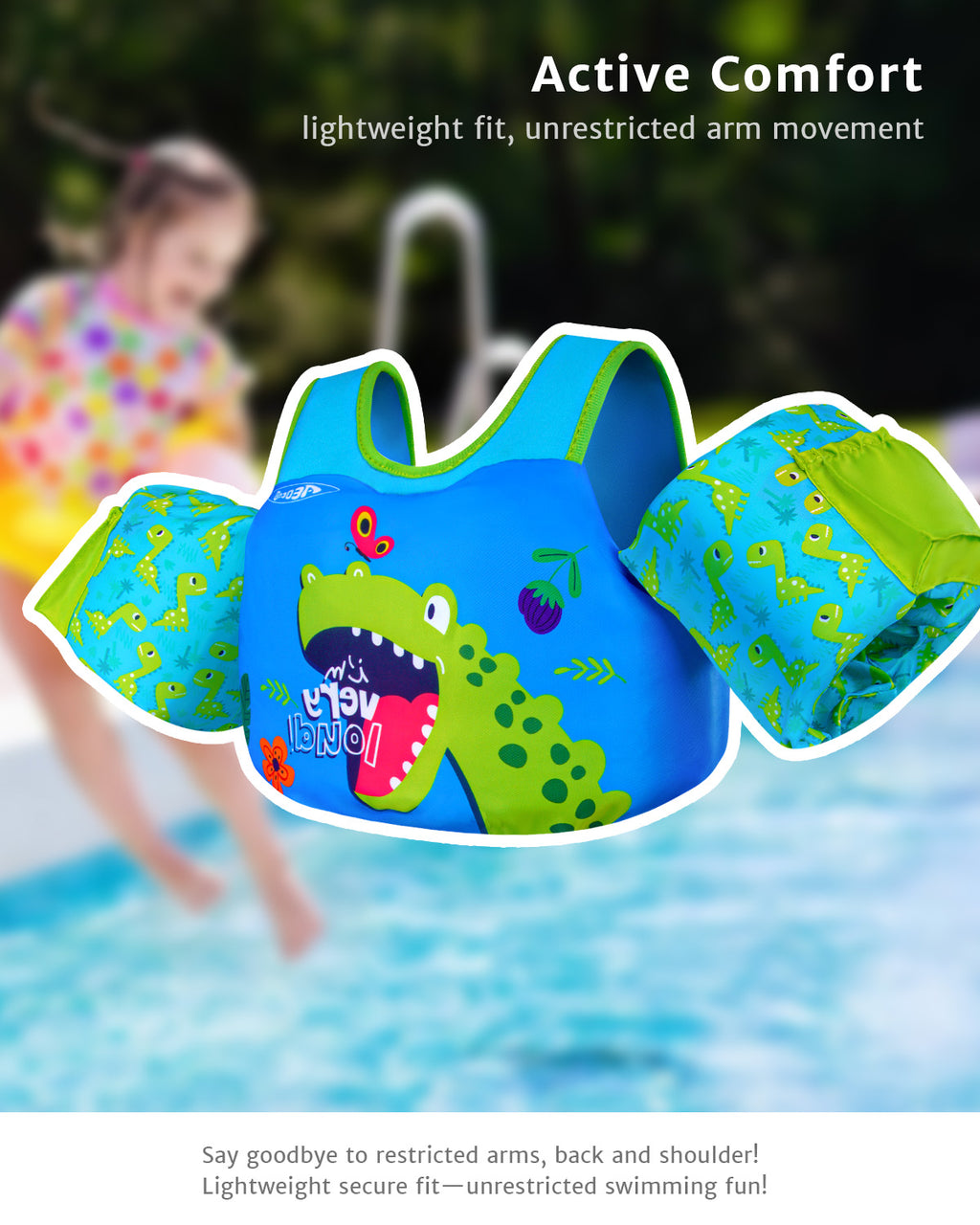 AEOCOO Toddler Swim Vest – Puddle Float Jumper with Arm Floaties for Kids 1-7 Years, 20-70 lbs (dinosaur)