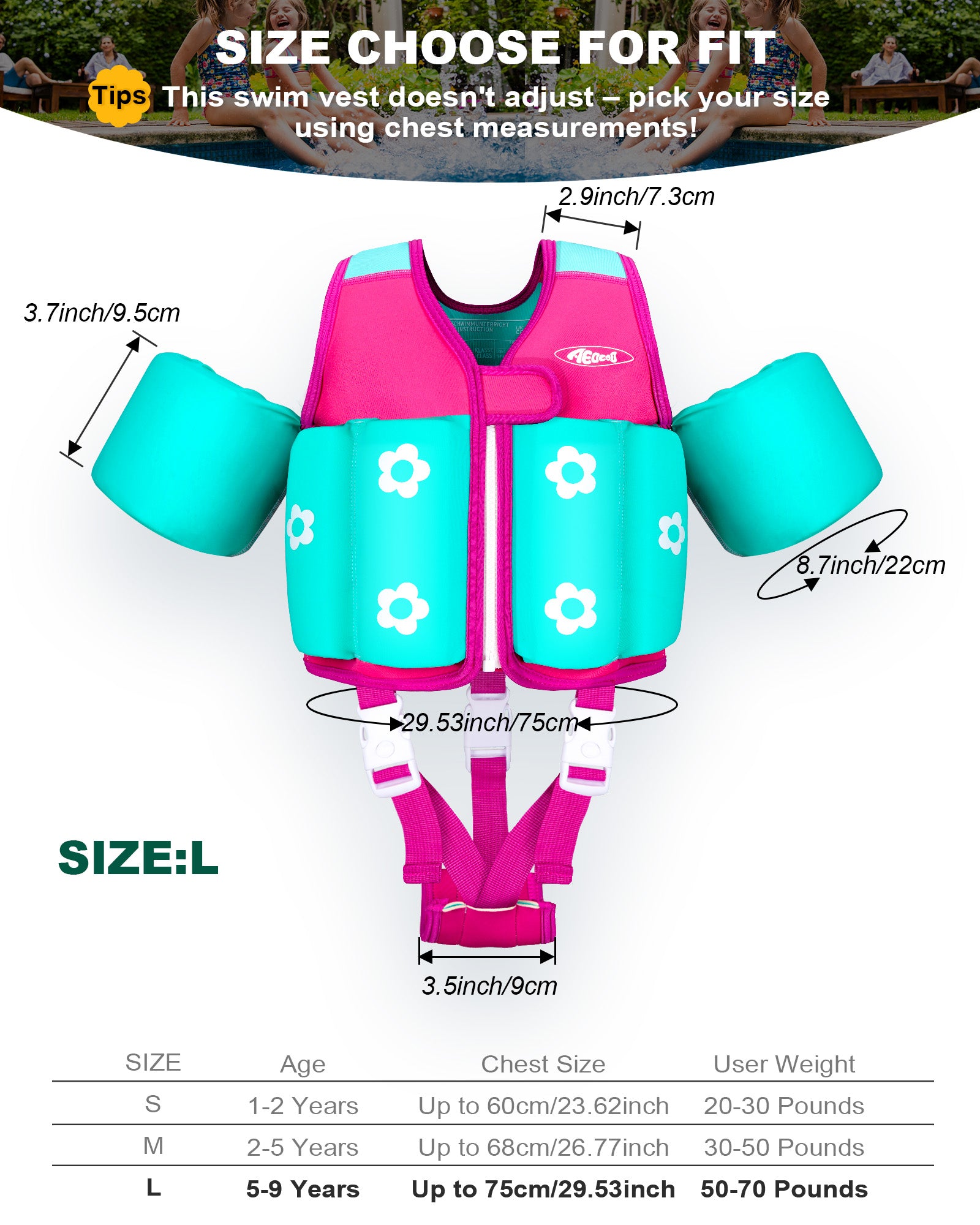AEOCOO Kids Toddler Swim Vest – Pool Float Jacket with Crotch Strap for Ages 1-9 Years, 20-70 lbs(Pink)