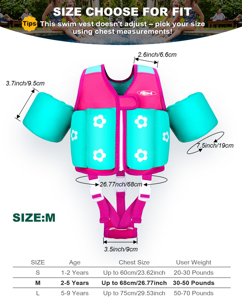 AEOCOO Kids Toddler Swim Vest – Pool Float Jacket with Crotch Strap for Ages 1-9 Years, 20-70 lbs(Pink)