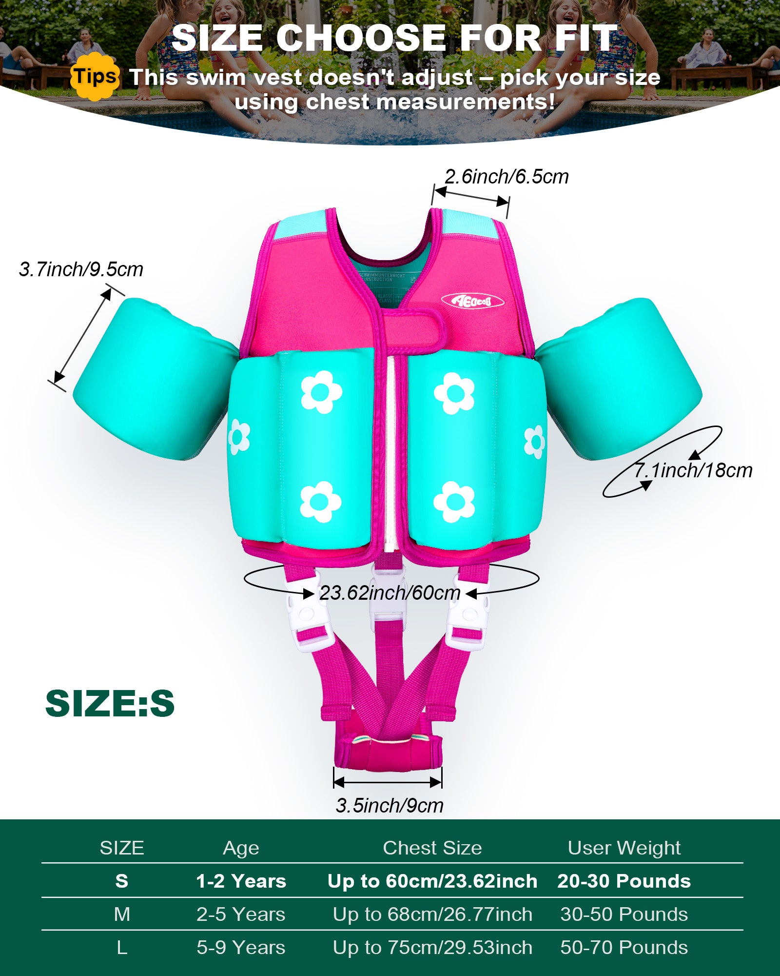 AEOCOO Kids Toddler Swim Vest – Pool Float Jacket with Crotch Strap for Ages 1-9 Years, 20-70 lbs(Pink)