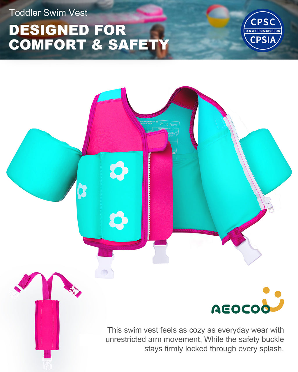 AEOCOO Kids Toddler Swim Vest – Pool Float Jacket with Crotch Strap for Ages 1-9 Years, 20-70 lbs(Pink)