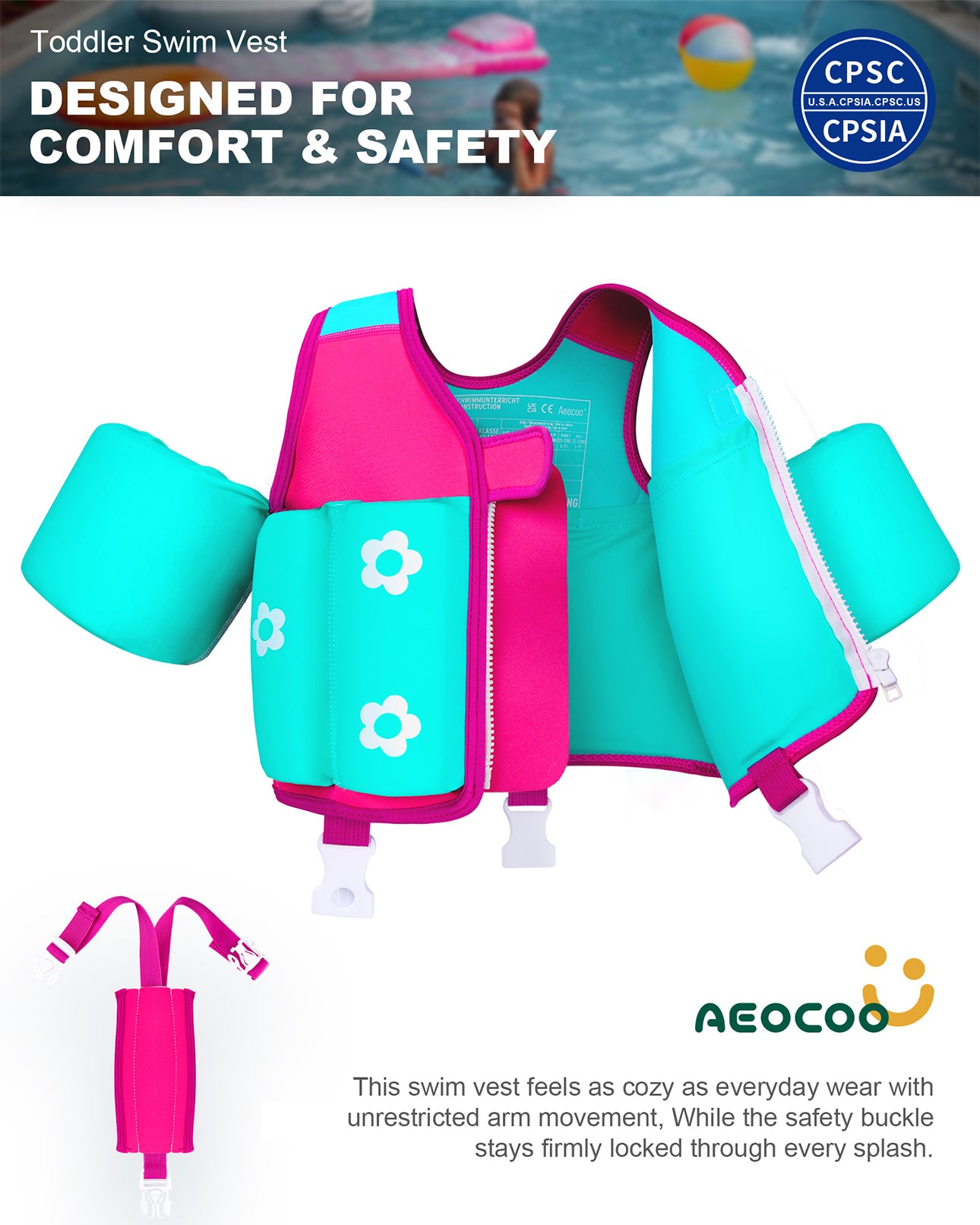 AEOCOO Kids Toddler Swim Vest – Pool Float Jacket with Crotch Strap for Ages 1-9 Years, 20-70 lbs(Pink)