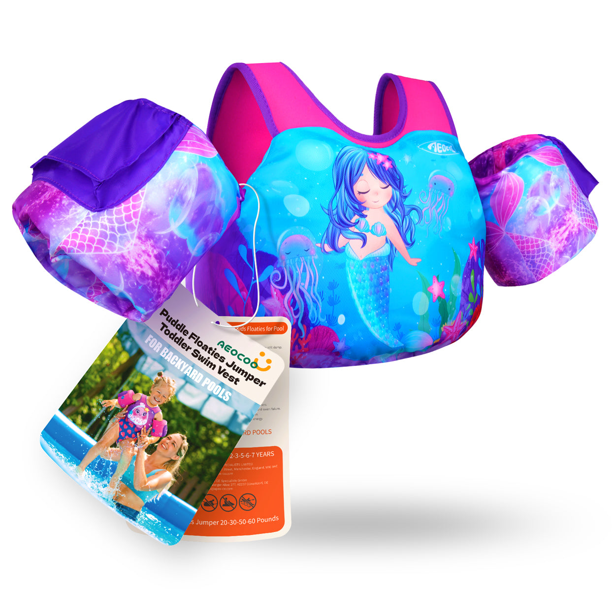 AEOCOO Toddler Swim Vest – Puddle Float Jumper with Arm Floaties for Kids 1-7 Years, 20-70 lbs (Mermaid)