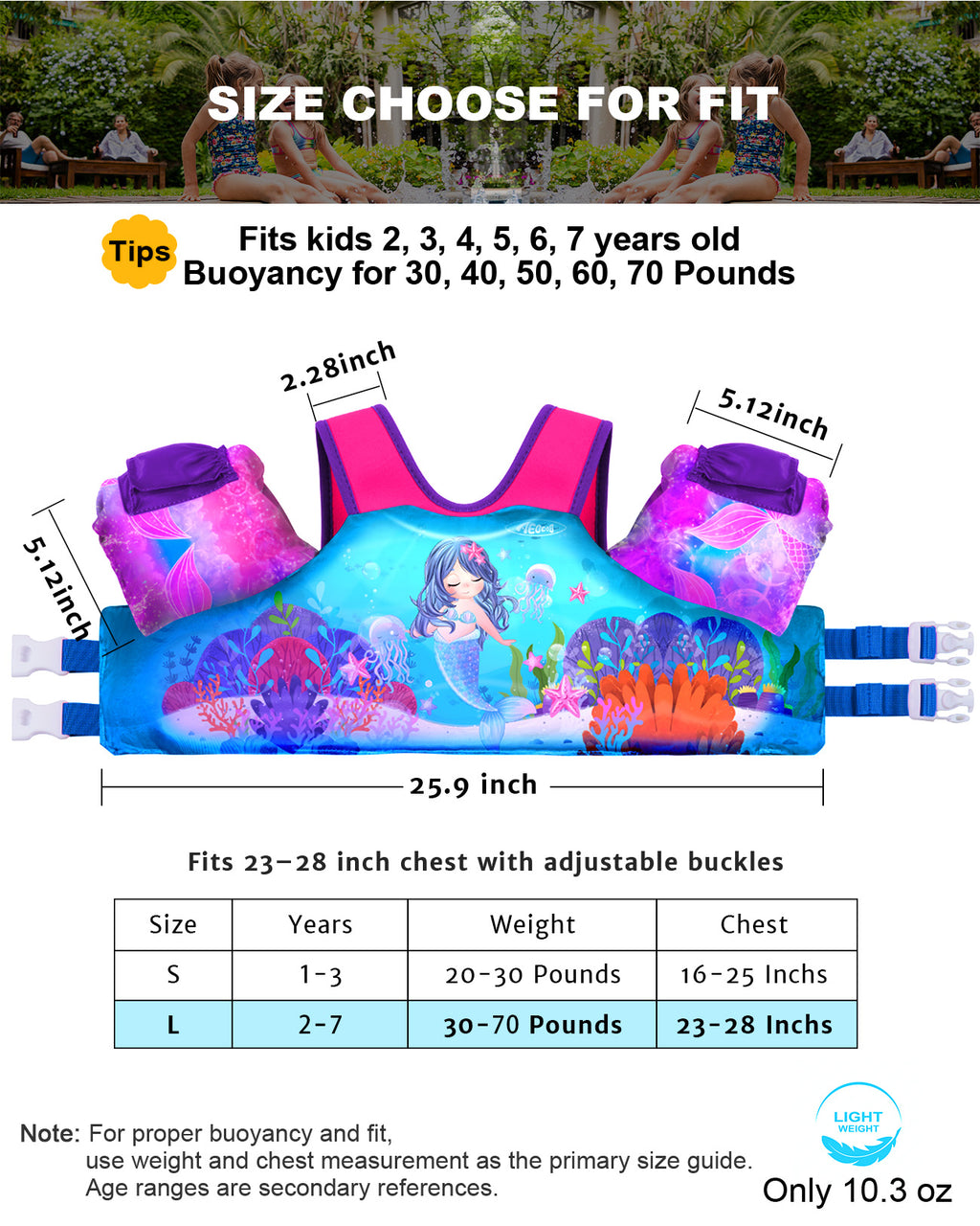 AEOCOO Toddler Swim Vest – Puddle Float Jumper with Arm Floaties for Kids 1-7 Years, 20-70 lbs (Mermaid)