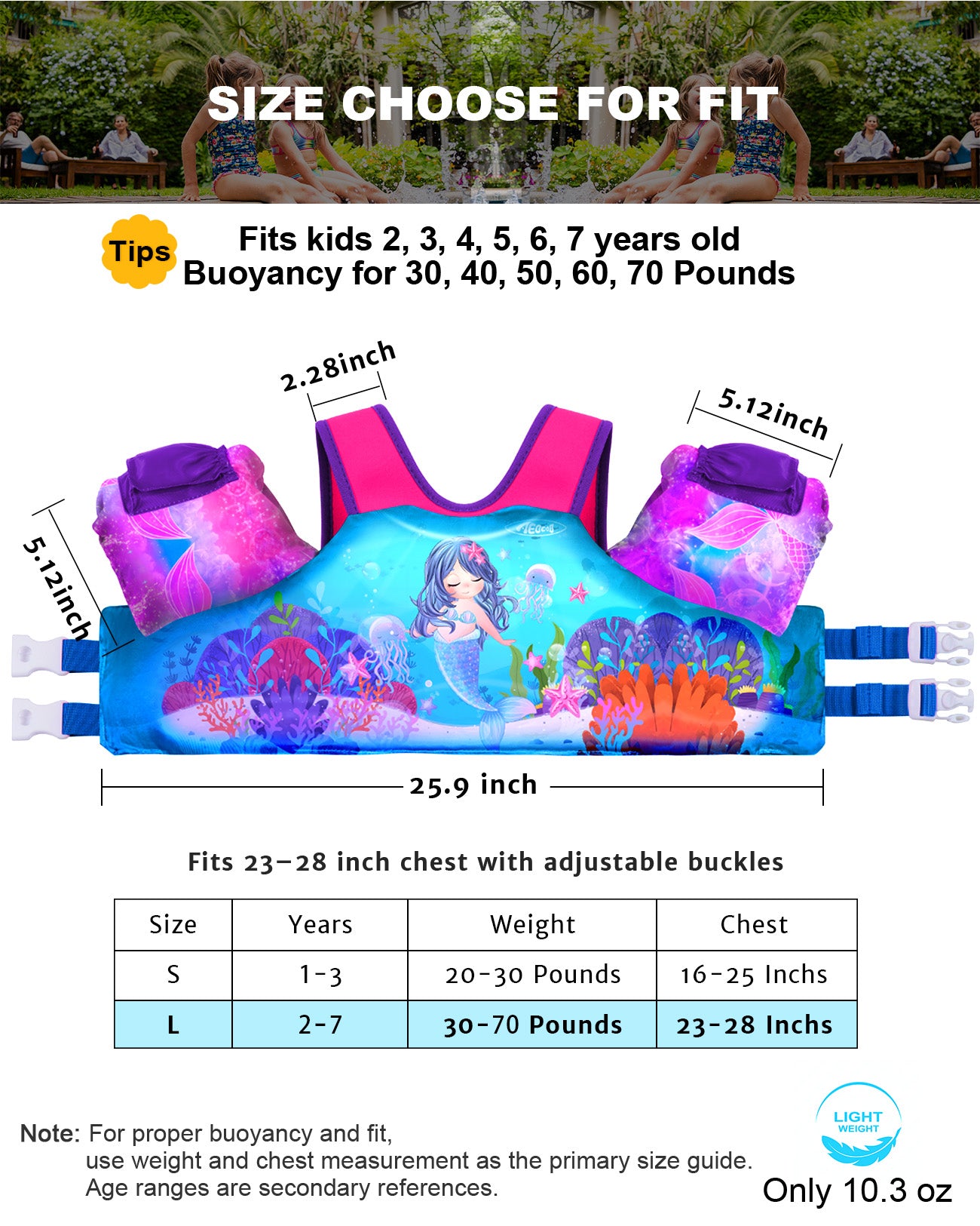 AEOCOO Toddler Swim Vest – Puddle Float Jumper with Arm Floaties for Kids 1-7 Years, 20-70 lbs (Mermaid)