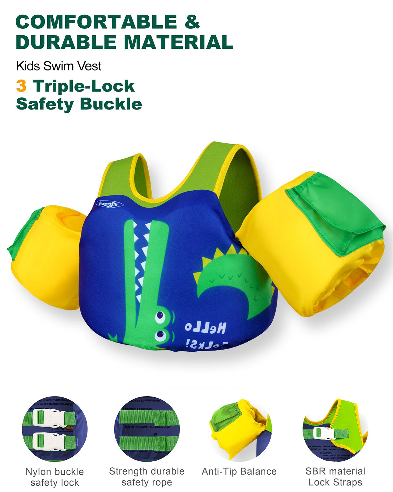 AEOCOO Toddler Swim Vest – Puddle Float Jumper with Arm Floaties for Kids 1-7 Years, 20-70 lbs(Crocodile)