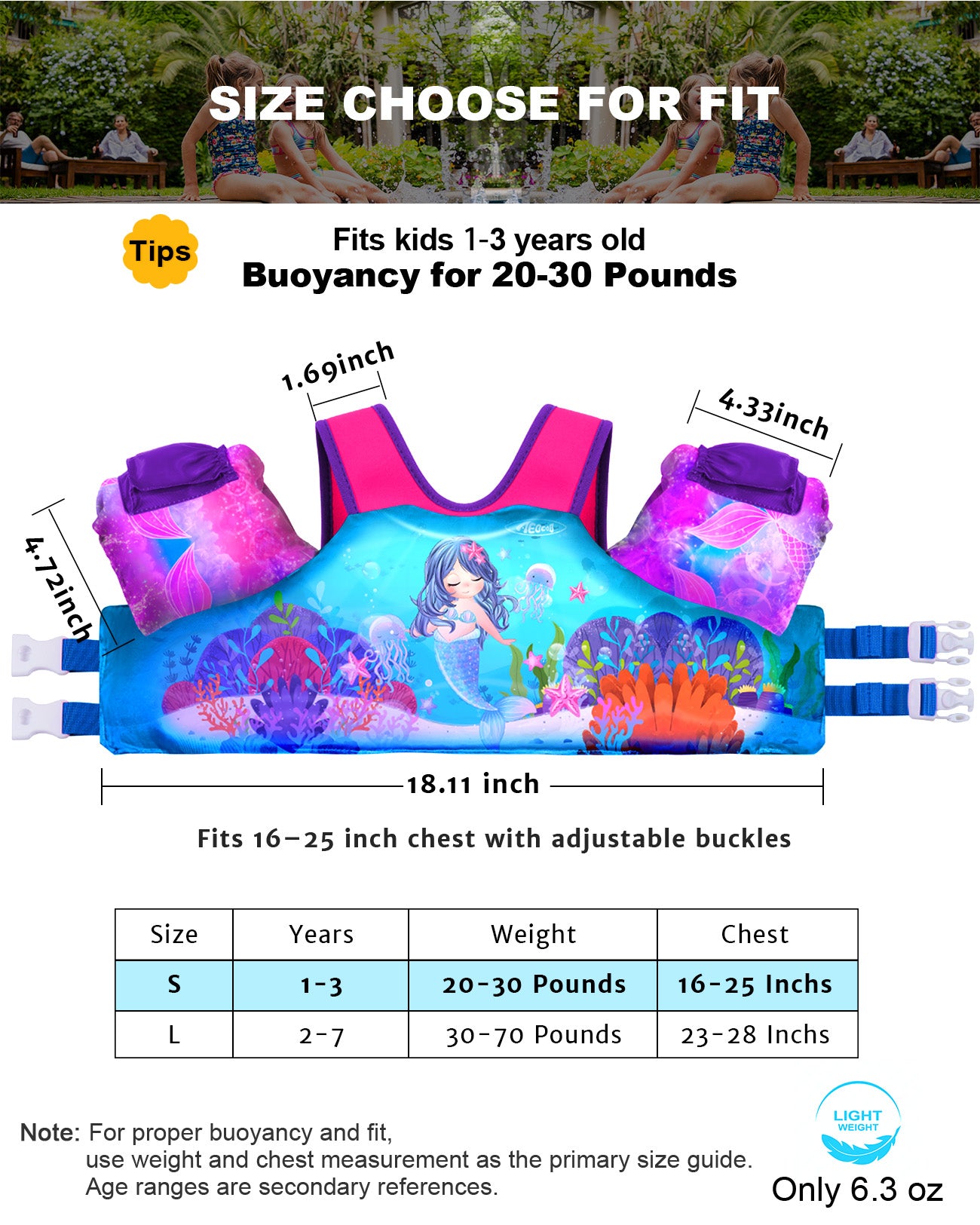 AEOCOO Toddler Swim Vest – Puddle Float Jumper with Arm Floaties for Kids 1-7 Years, 20-70 lbs (Mermaid)