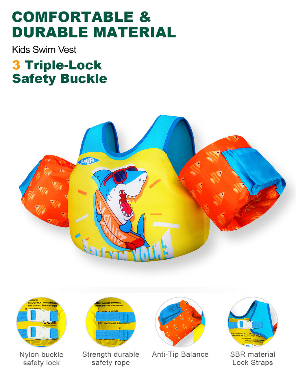 AEOCOO Toddler Swim Vest – Puddle Float Jumper with Arm Floaties for Kids 1-7 Years, 20-70 lbs (Shark)