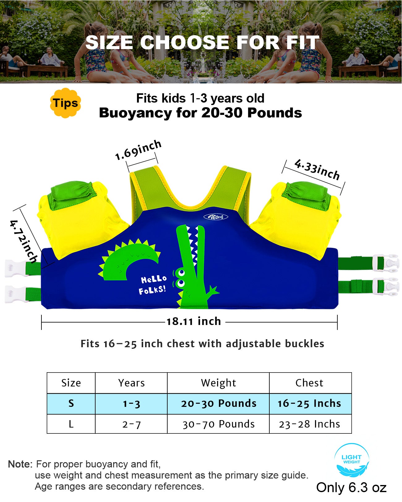 AEOCOO Toddler Swim Vest – Puddle Float Jumper with Arm Floaties for Kids 1-7 Years, 20-70 lbs(Crocodile)