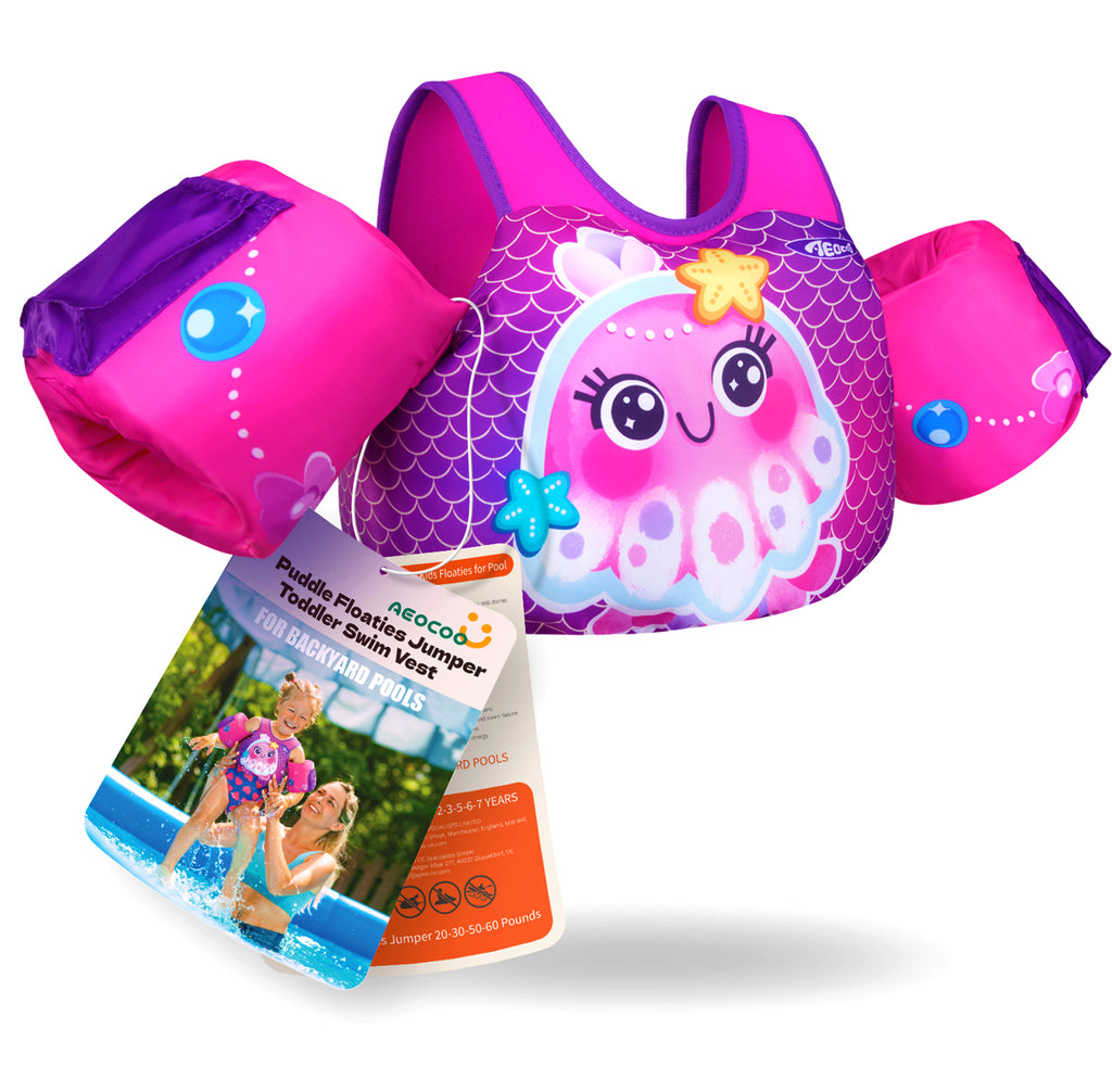 AEOCOO Toddler Swim Vest – Puddle Float Jumper with Arm Floaties for Kids 1-7 Years, 20-70 lbs (Seajelly)