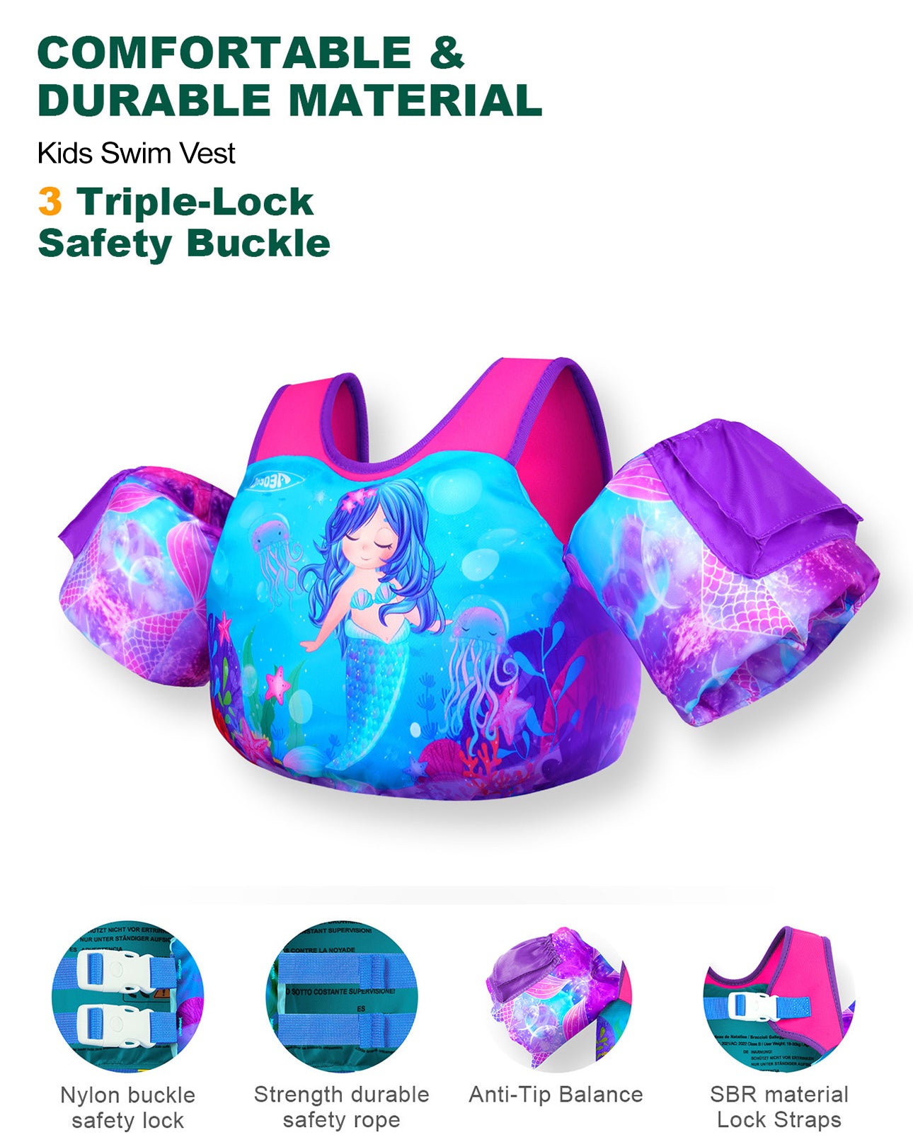 AEOCOO Toddler Swim Vest – Puddle Float Jumper with Arm Floaties for Kids 1-7 Years, 20-70 lbs (Mermaid)