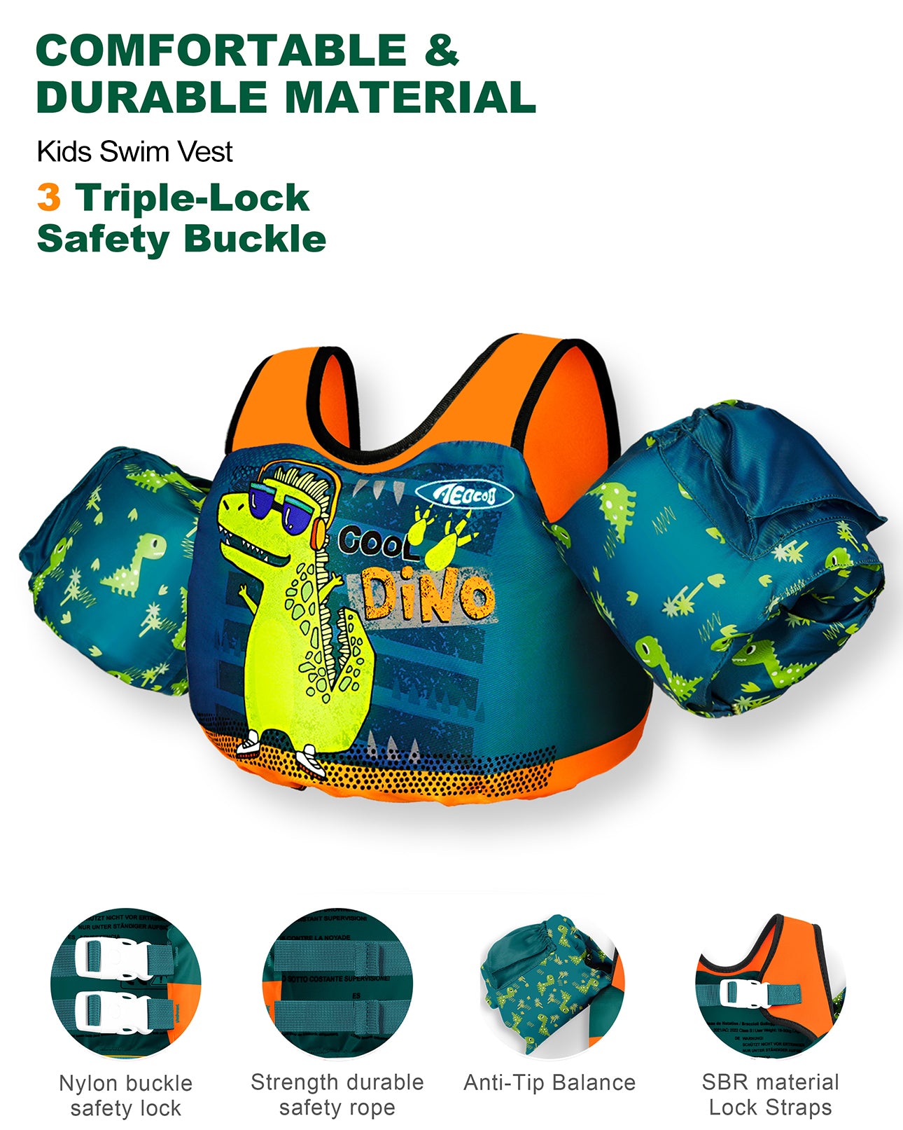 AEOCOO Toddler Swim Vest – Puddle Float Jumper with Arm Floaties for Kids 1-7 Years, 20-70 lbs (Cool-Dino)