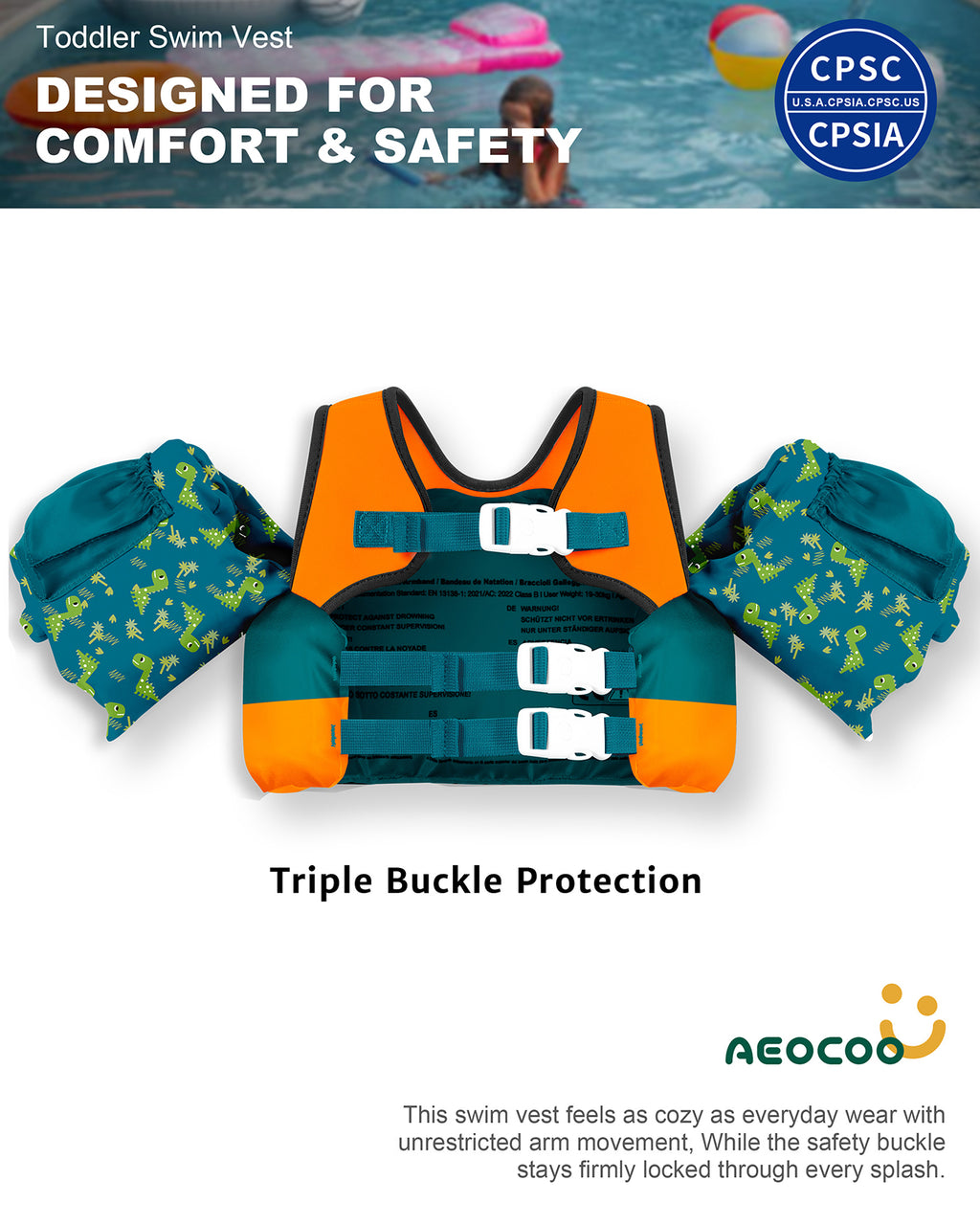 AEOCOO Toddler Swim Vest – Puddle Float Jumper with Arm Floaties for Kids 1-7 Years, 20-70 lbs (Cool-Dino)