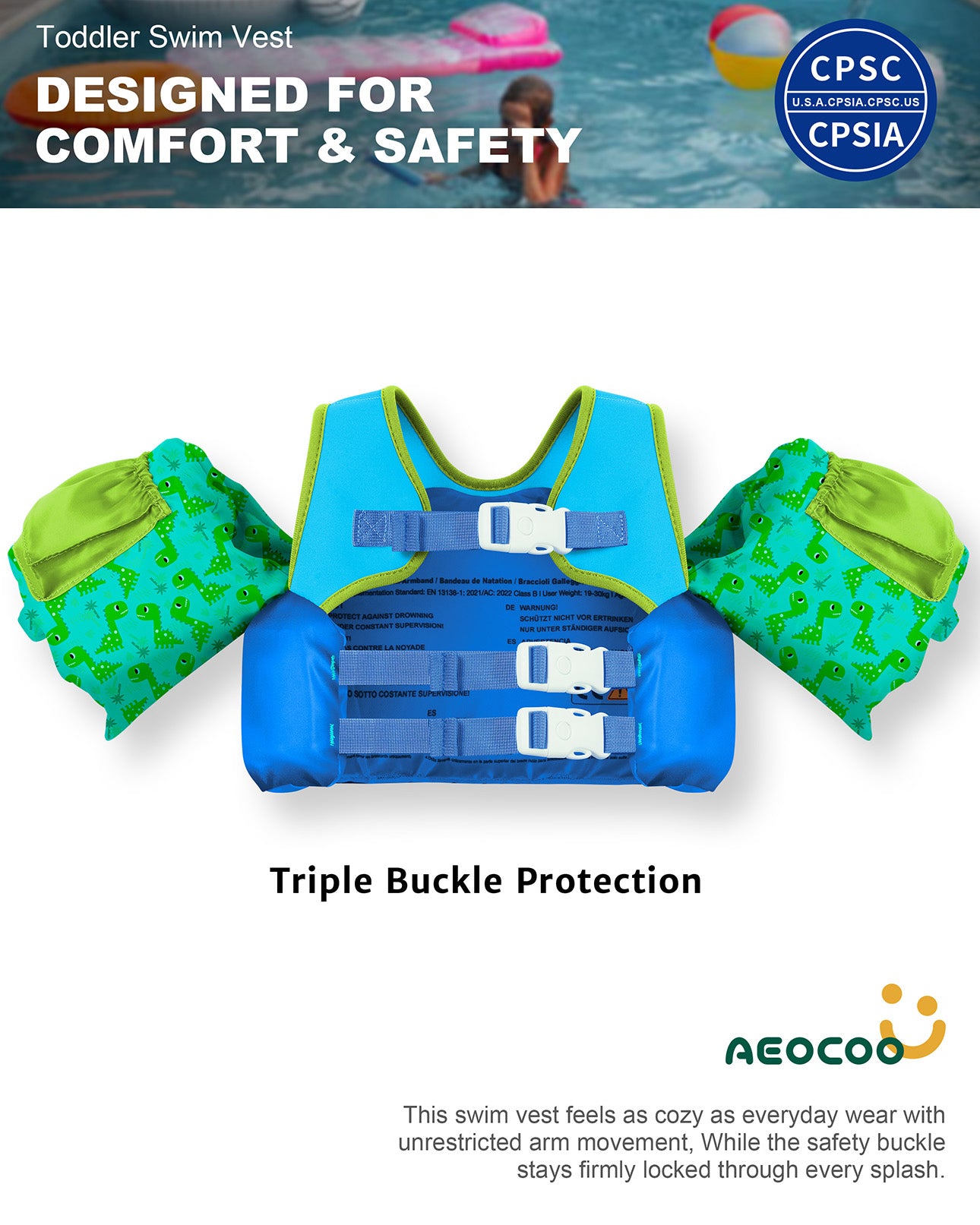 AEOCOO Toddler Swim Vest – Puddle Float Jumper with Arm Floaties for Kids 1-7 Years, 20-70 lbs (dinosaur)