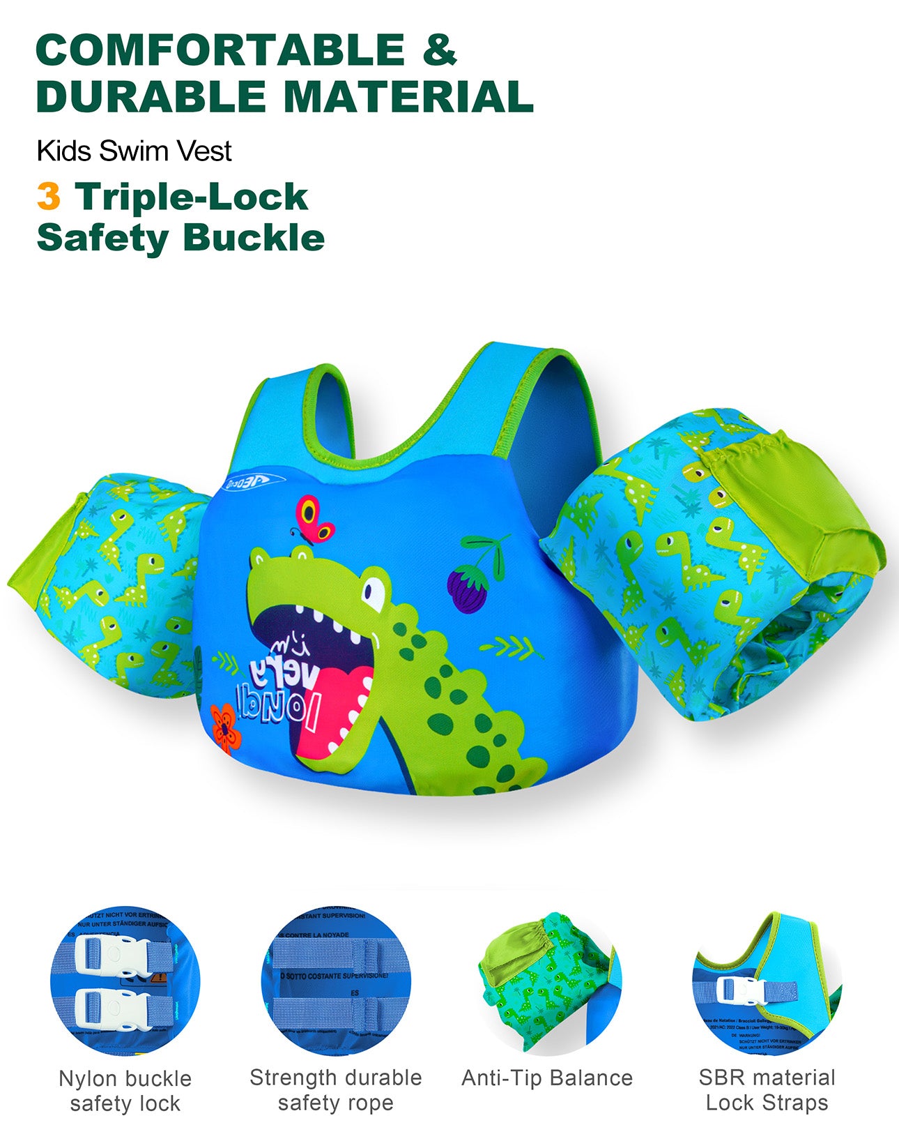 AEOCOO Toddler Swim Vest – Puddle Float Jumper with Arm Floaties for Kids 1-7 Years, 20-70 lbs (dinosaur)